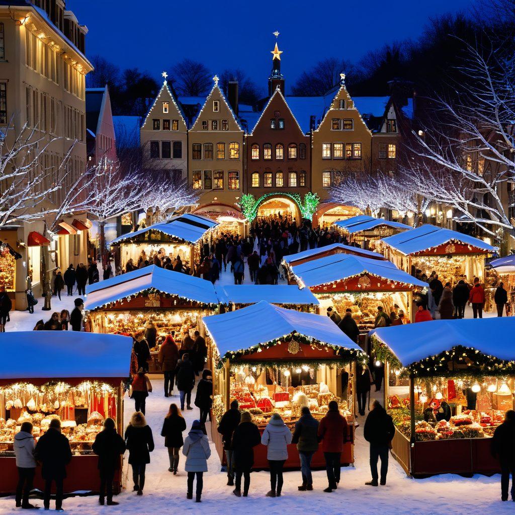 A bustling holiday market with decorated stalls overflowing with colorful ornaments and gifts, people enjoying scenic sightseeing around a festive city, warm winter lights twinkling in the background, and a serene snow-covered landscape. The scene should convey warmth, joy, and the magic of the holiday season. vibrant colors. super-realistic.