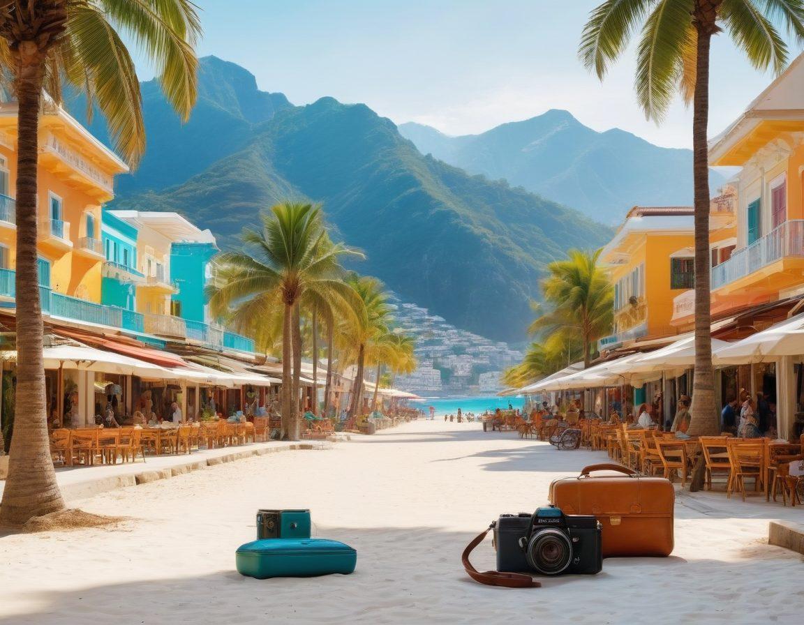 A vibrant travel scene showcasing diverse landscapes: a serene beach with palm trees, a picturesque mountain range, and a cozy city street filled with colorful shops. Include travel essentials like luggage, a camera, and various vacation activities (snorkeling, hiking, dining out) intertwined in the scenery. The composition should evoke a sense of adventure and excitement. super-realistic. vibrant colors. white background.