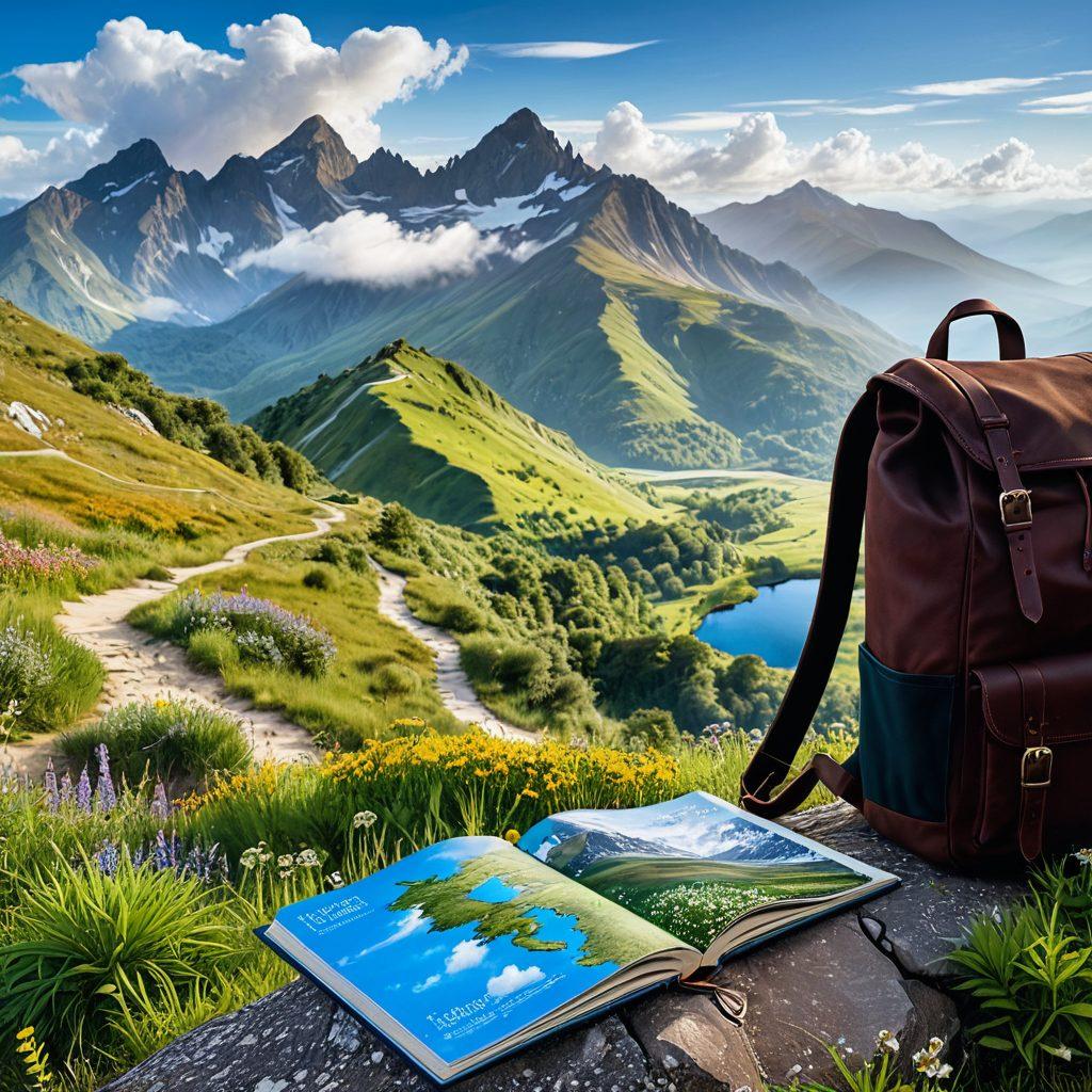 A scenic landscape featuring a winding path through lush green hills, dotted with colorful wildflowers and a bright blue sky above. In the foreground, a backpack rests beside a travel journal and an open map, symbolizing adventure and exploration. In the background, silhouettes of mountains rise, evoking a sense of wanderlust and discovery. A soft, warm glow enhances the inviting atmosphere, encouraging the viewer to embark on their own unforgettable journey. super-realistic. vibrant colors. natural light.